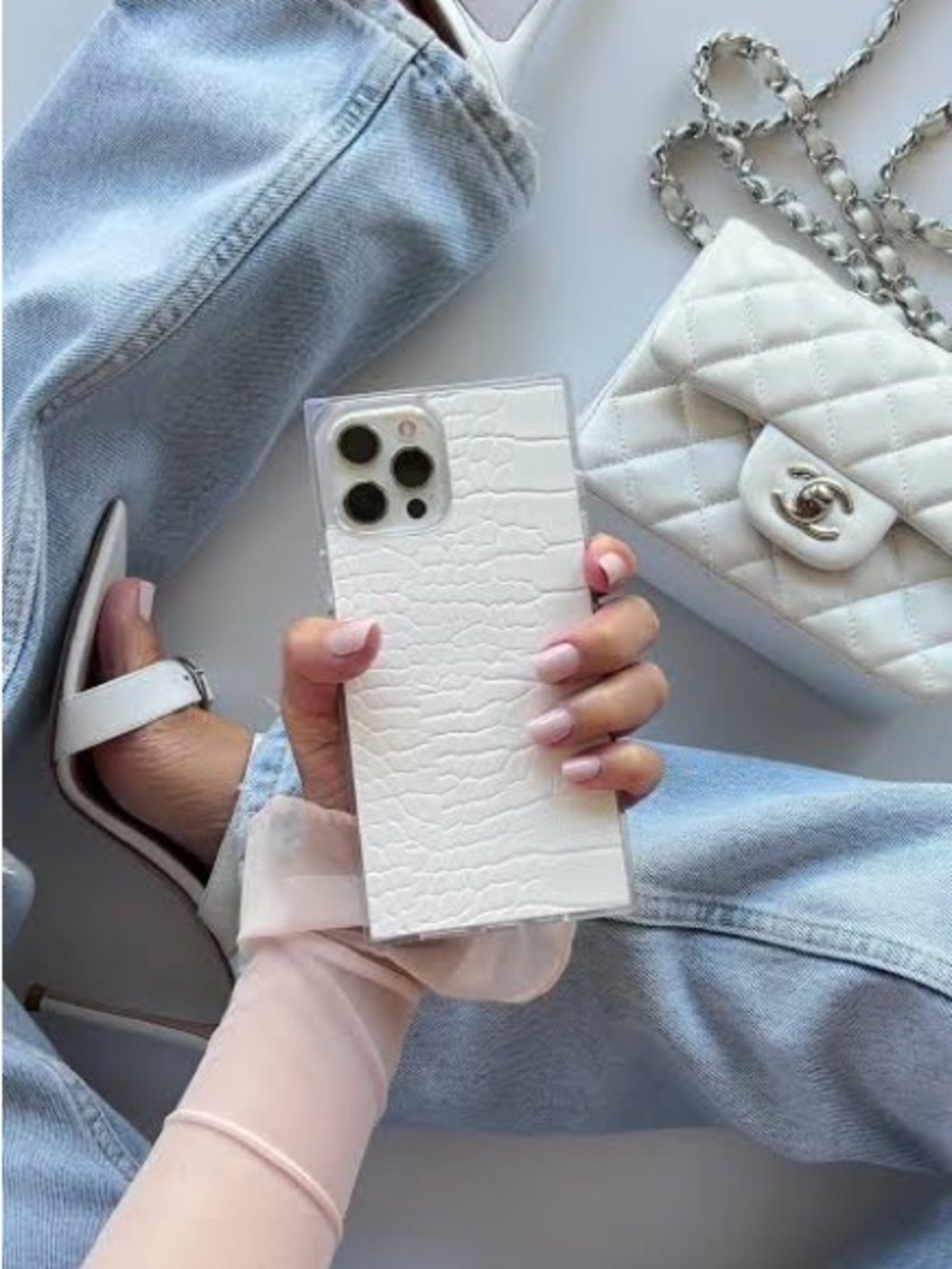 FLAUNT SQUARE® White Crocodile Faux Leather iPhone 13 Case